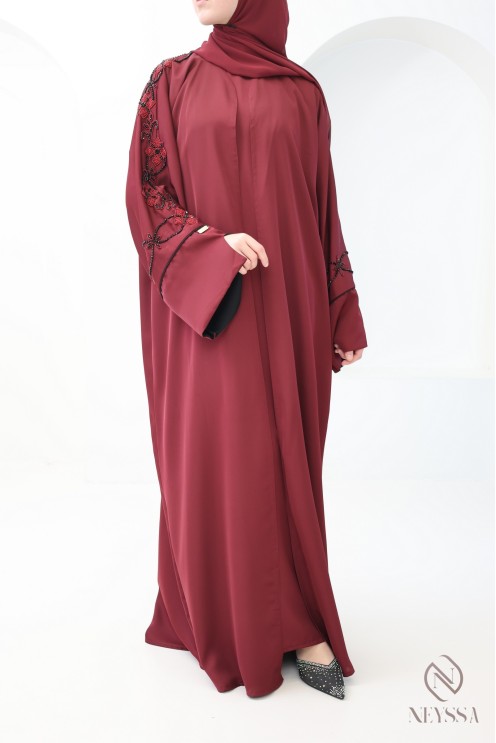 Abaya Dubaï luxe kimono avec broderies de perles femme hijabi