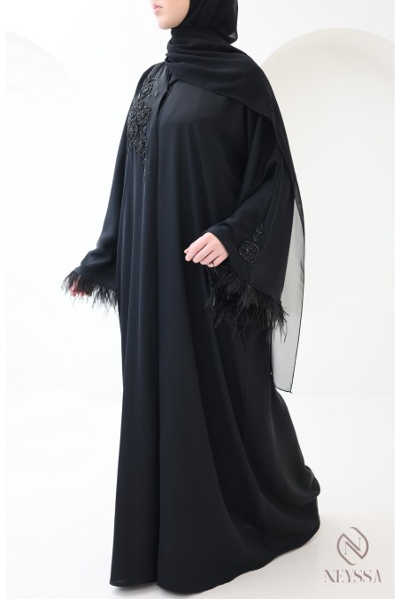 Black Dubai abaya with pearls and feathers, elegant modern cut