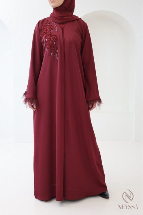 Dubai Kimono Abaya in Bordeaux with Pearls and Feathers