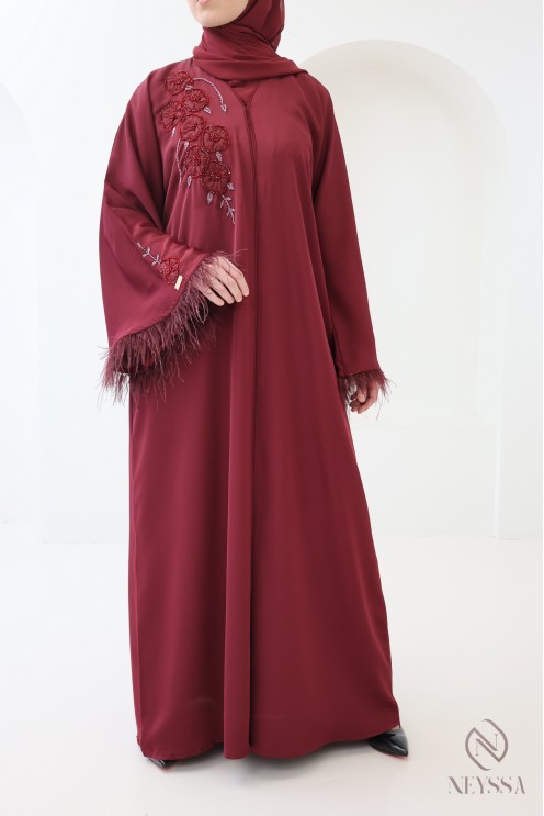 Abaya Dubai Kimono Bordeaux mit Perlen und Federn für das Eid-Fest