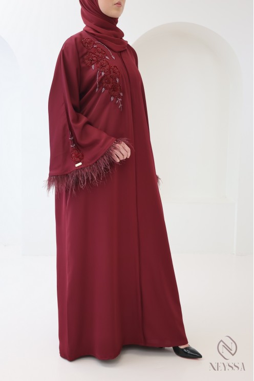 Dubai Kimono Abaya in Bordeaux with Pearls and Feathers