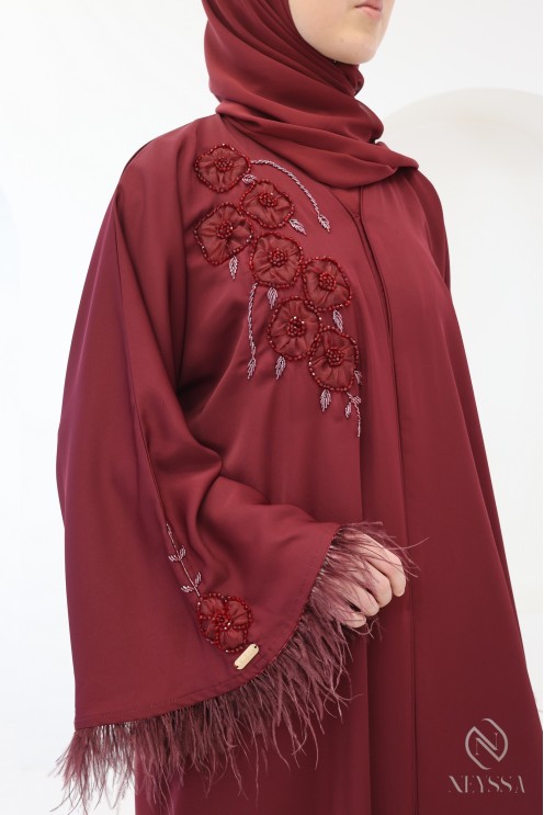 Dubai Kimono Abaya in Bordeaux with Pearls and Feathers