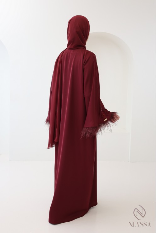 Abaya Dubai Kimono Bordeaux mit Perlen und Federn für das Eid-Fest