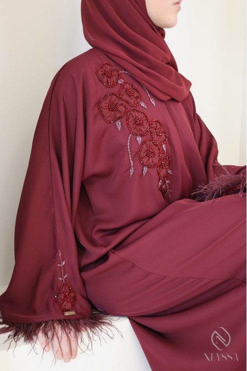 Dubai Kimono Abaya in Bordeaux with Pearls and Feathers