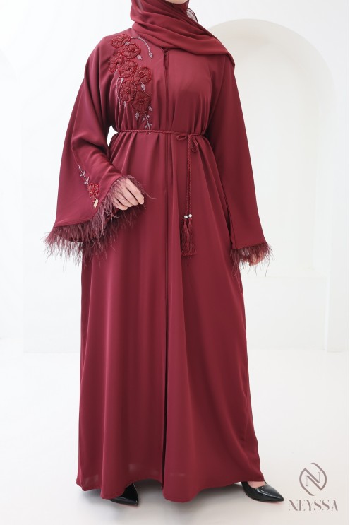 Dubai Kimono Abaya in Bordeaux with Pearls and Feathers