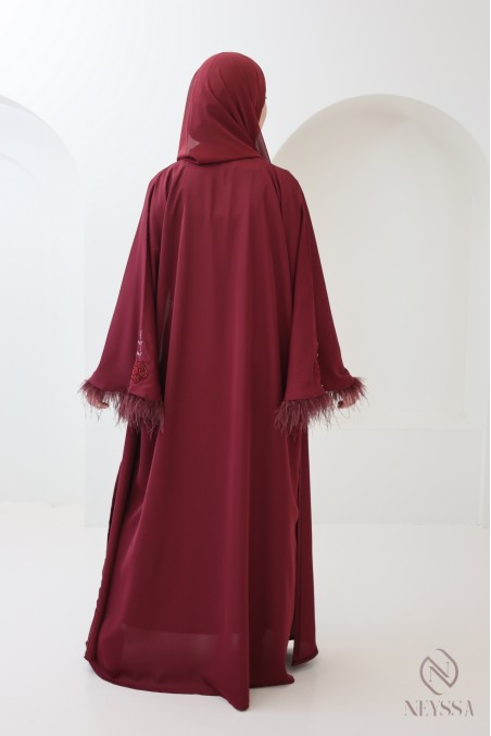 Dubai Kimono Abaya in Bordeaux with Pearls and Feathers