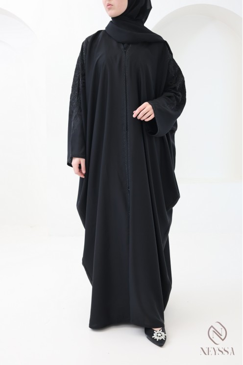 Black butterfly-cut Dubai kimono abaya with rhinestones and embroidery