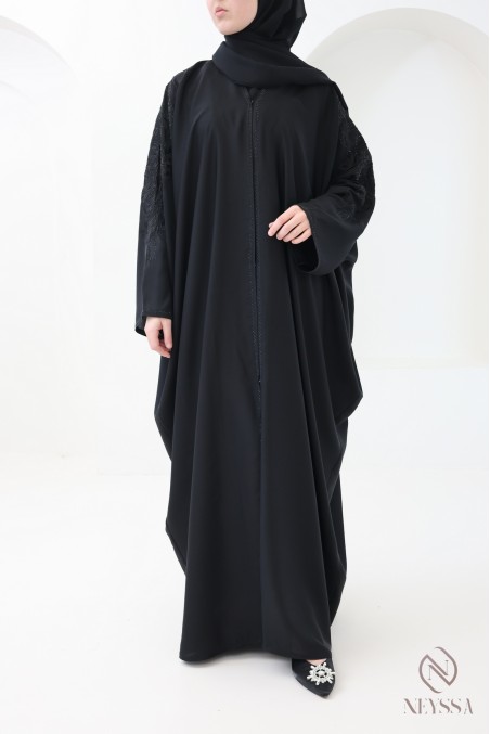 Black butterfly-cut Dubai kimono abaya with rhinestones and embroidery