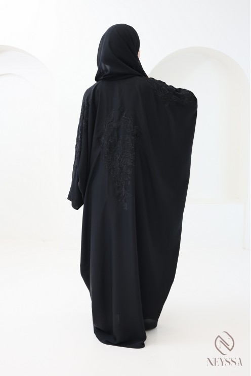 Black butterfly-cut Dubai kimono abaya with rhinestones and embroidery