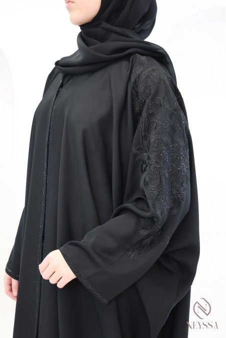 Black butterfly-cut Dubai kimono abaya with rhinestones and embroidery