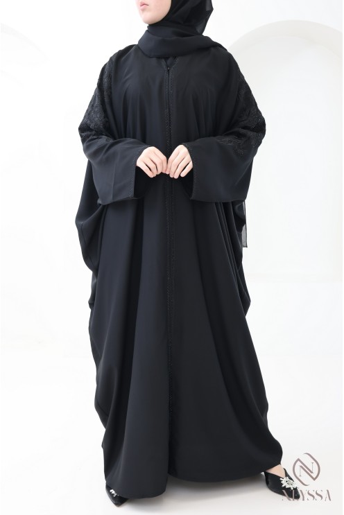 Abaya Dubaï kimono coupe papillon noir avec strass et broderie