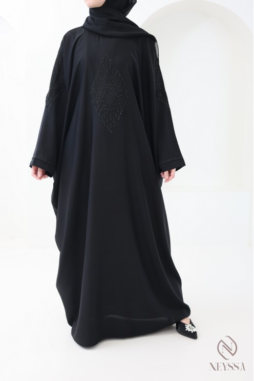 Abaya Dubaï papillon broderie et strass noir pour l'aïd