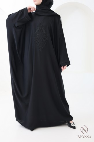 Abaya Dubaï papillon broderie et strass noir pour l'aïd