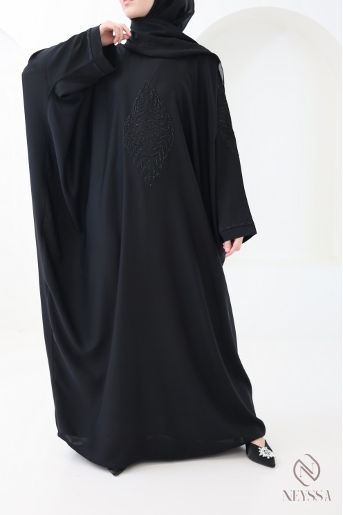 Abaya Dubaï papillon broderie et strass noir pour l'aïd