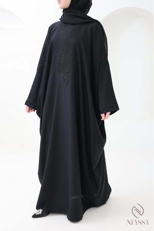 Abaya Dubaï papillon broderie et strass noir pour l'aïd