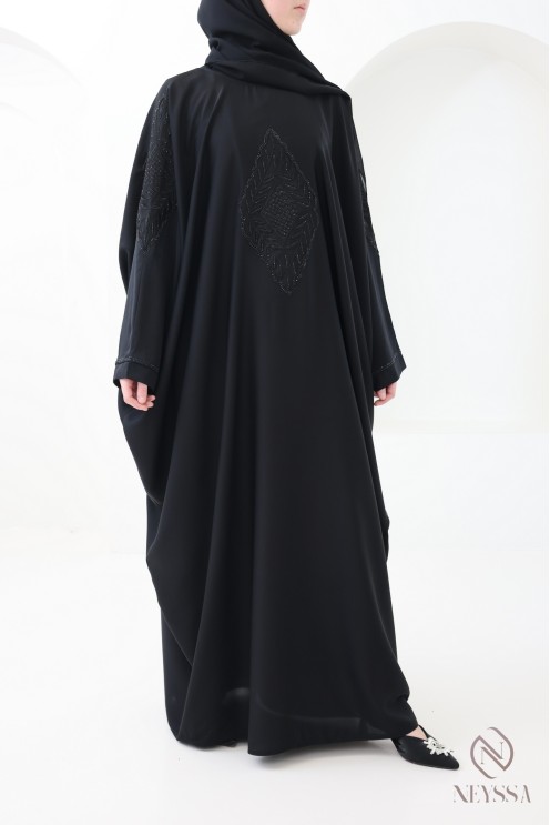 Abaya Dubaï papillon broderie et strass noir pour l'aïd