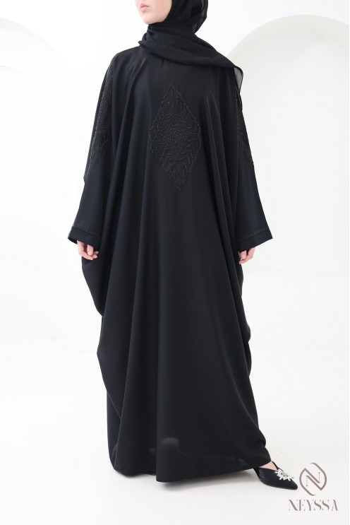 Dubai Abaya with butterfly embroidery and black rhinestones for Eid