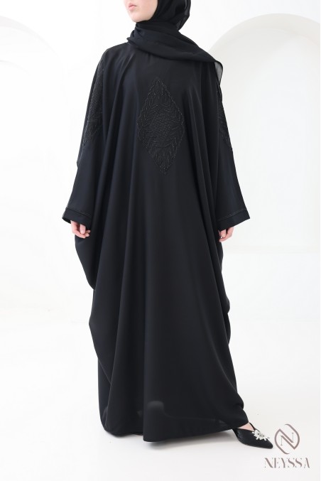 Abaya Dubaï papillon broderie et strass noir pour l'aïd