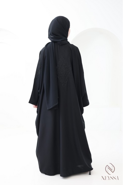 Dubai Abaya with butterfly embroidery and black rhinestones for Eid