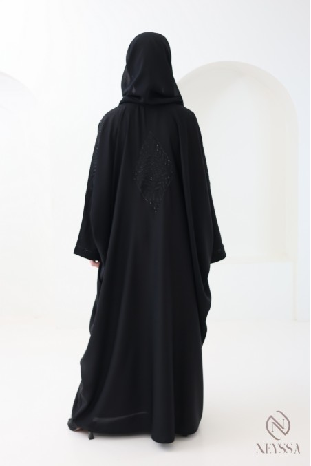 Abaya Dubaï papillon broderie et strass noir pour l'aïd