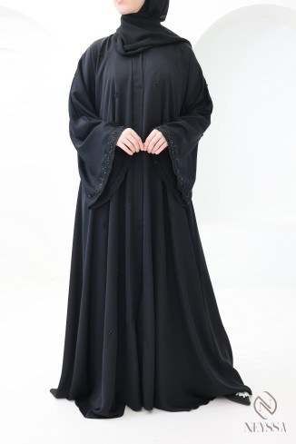 Dubai Kimono Abaya, black flared cut with embroidered pearls