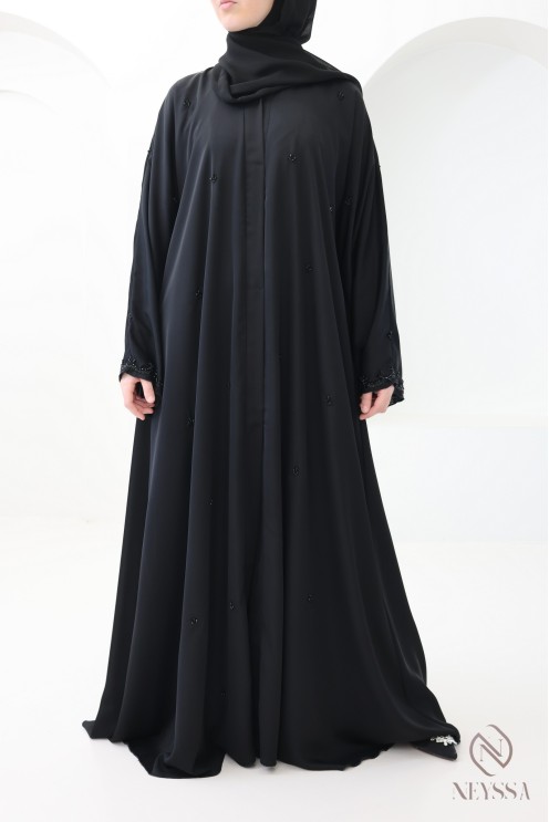 Dubai Kimono Abaya, black flared cut with embroidered pearls