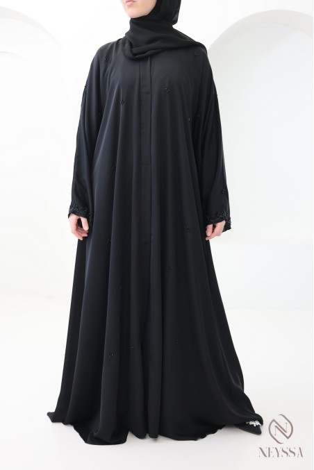 Abaya Dubaï Kimono coupe évasée noir avec perles brodées
