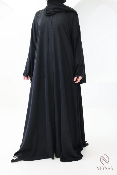 Abaya Dubai Kimono, schwarz, ausgestellt, mit Perlenstickerei