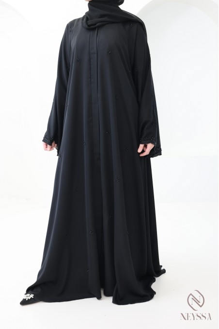 Abaya Dubai Kimono, schwarz, ausgestellt, mit Perlenstickerei