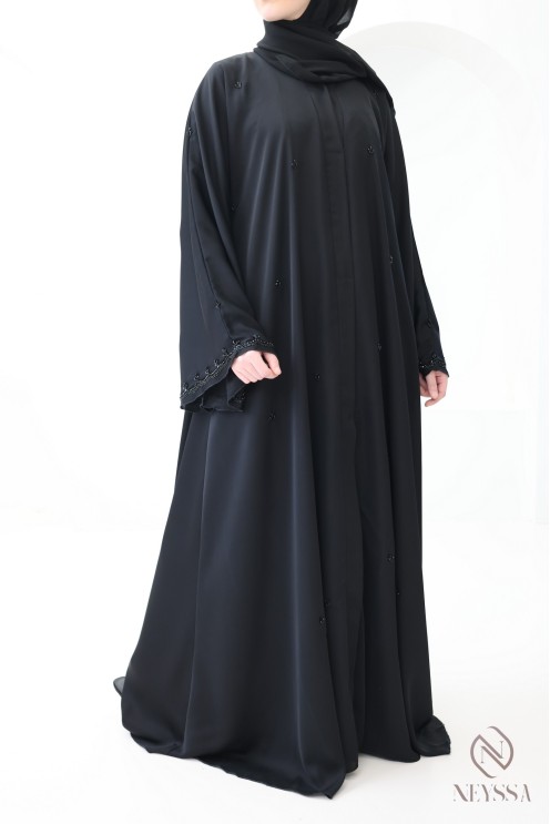 Abaya Dubaï Kimono coupe évasée noir avec perles brodées