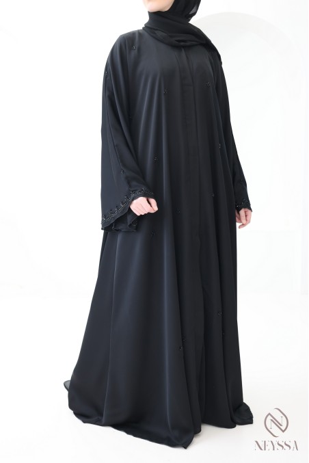 Abaya Dubaï Kimono coupe évasée noir avec perles brodées
