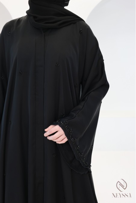 Abaya Dubai Kimono, schwarz, ausgestellt, mit Perlenstickerei