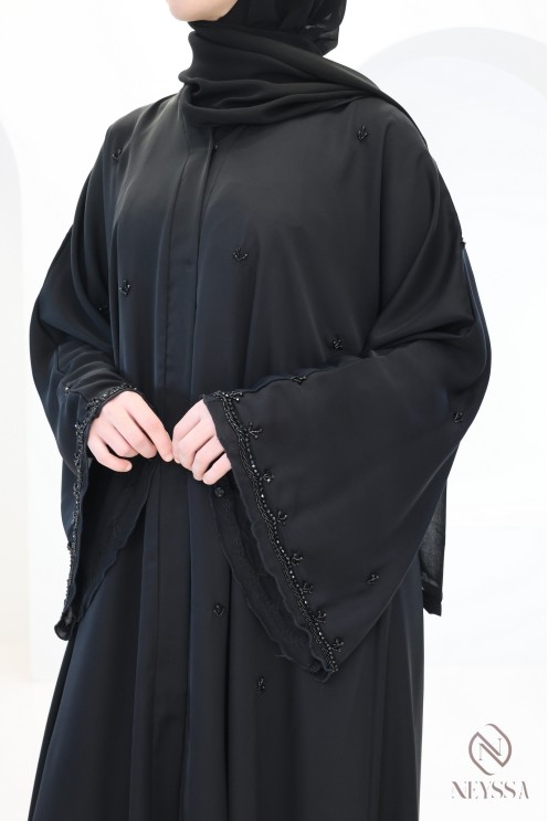 Abaya Dubaï Kimono coupe évasée noir avec perles brodées