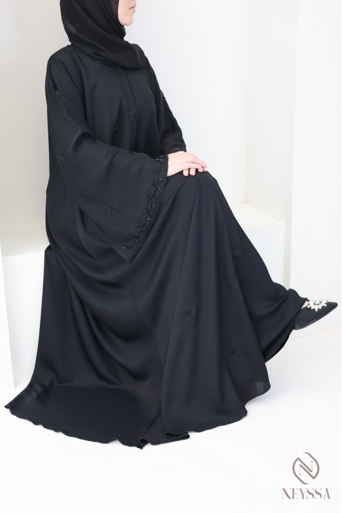 Dubai Kimono Abaya, black flared cut with embroidered pearls