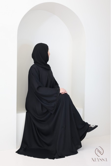 Abaya Dubaï Kimono coupe évasée noir avec perles brodées