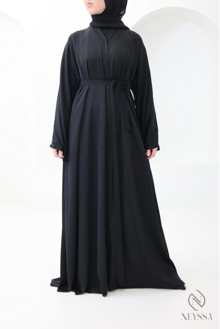 Abaya Dubai Kimono, schwarz, ausgestellt, mit Perlenstickerei