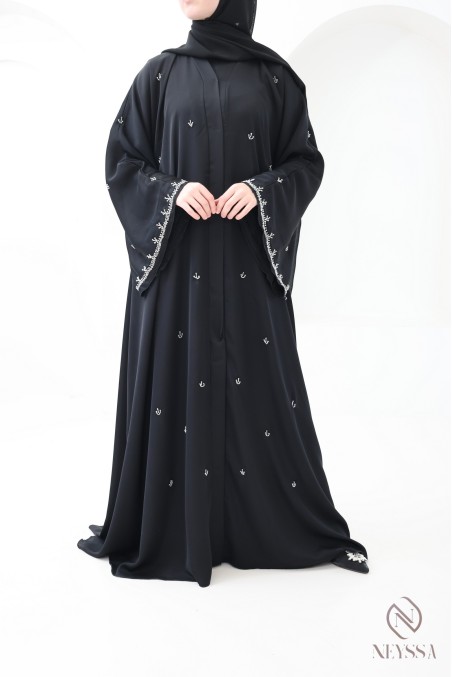 Black Dubai Kimono Abaya with Silver Bead Details for Hijabi Women