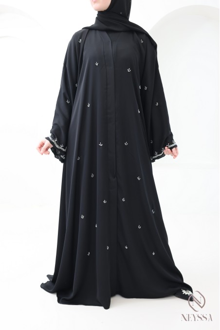 Black Dubai Kimono Abaya with Silver Bead Details for Hijabi Women