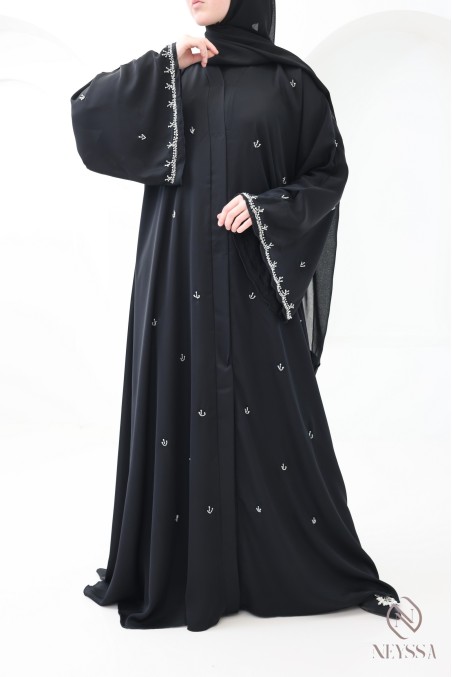 Abaya Dubai Kimono schwarz mit silbernen Perlenverzierungen