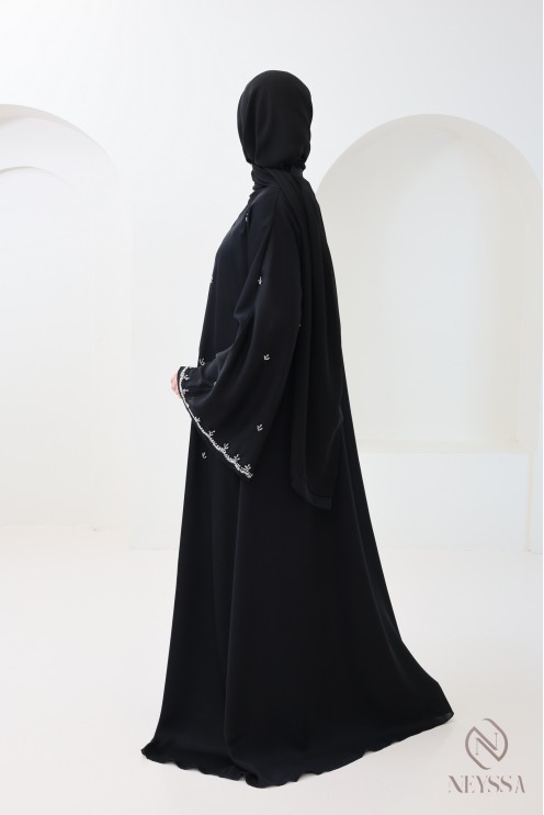 Black Dubai Kimono Abaya with Silver Bead Details for Hijabi Women