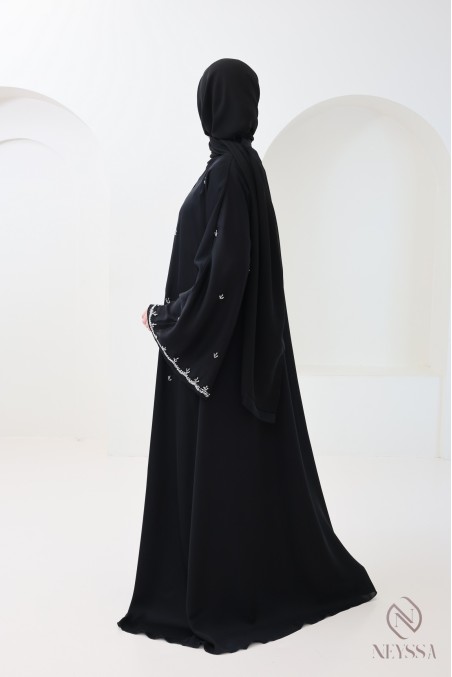 Black Dubai Kimono Abaya with Silver Bead Details for Hijabi Women