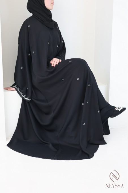Black Dubai Kimono Abaya with Silver Bead Details for Hijabi Women