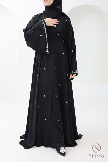 Black Dubai Kimono Abaya with Silver Bead Details for Hijabi Women