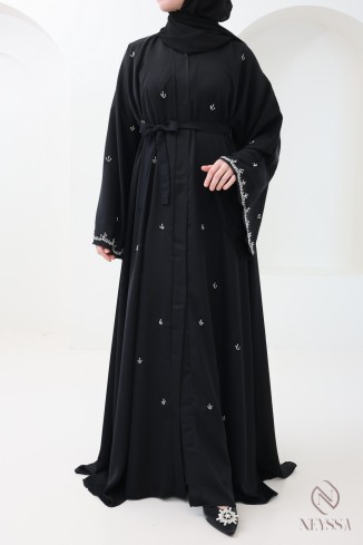 Abaya Dubaï Kimono noire détails perles argenté pour femme hijabi