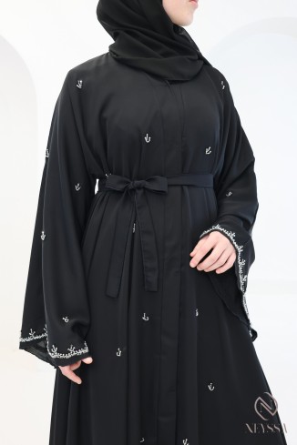 Abaya Dubaï Kimono noire détails perles argenté pour femme hijabi 2