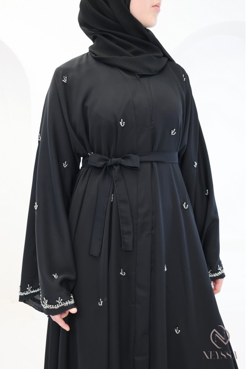 Black Dubai Kimono Abaya with Silver Bead Details for Hijabi Women