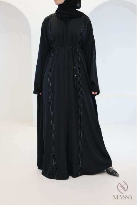 Luxury black Dubai abaya with embroidered pearls, modern flared cut