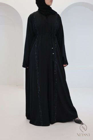 Abaya Dubaï luxe noir avec perles brodées, coupe évasée moderne