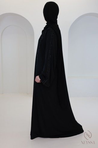 Abaya Dubaï luxe noir avec perles brodées, coupe évasée moderne 2