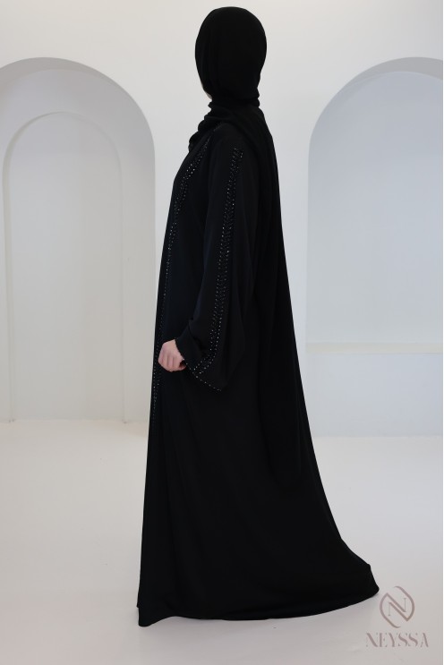 Luxury black Dubai abaya with embroidered pearls, modern flared cut